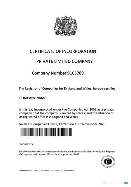 UK certificate of incorporation of a private limited company Word and PDF template, version 2